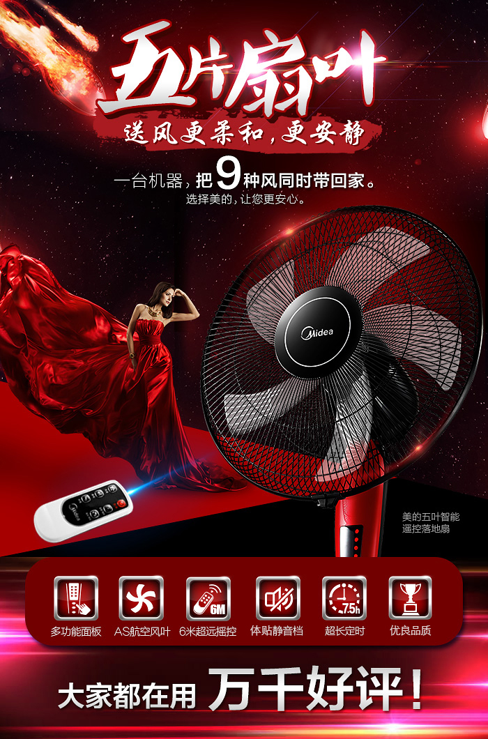 
                                        
                                                            美的（Midea）立式五叶大风量落地扇家用静音电风扇台式节能科技风电扇遥控定时风扇 FS40-13ER                