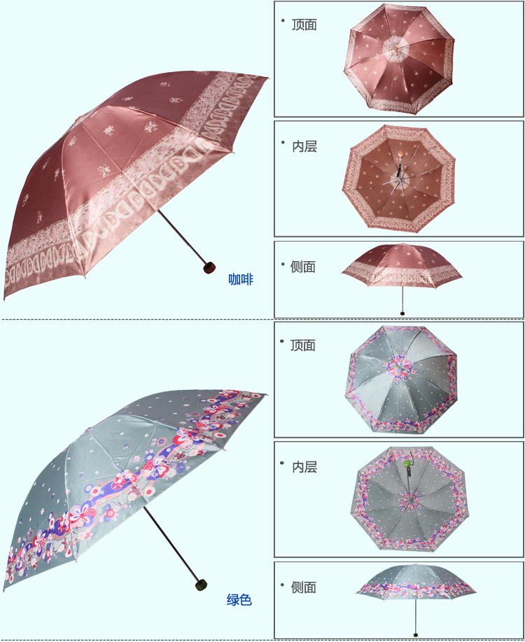 天堂伞 花色丁高密聚酯防紫外线三折钢伞晴雨伞 淡湖兰 308T