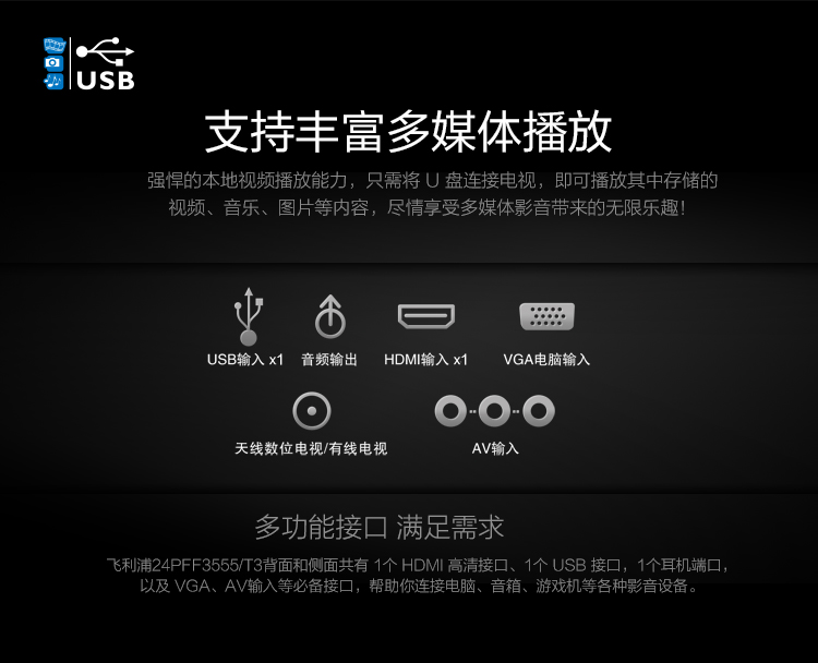 飞利浦（PHILIPS）24PFF3555/T3 24英寸 全高清LED液晶电视（黑色）