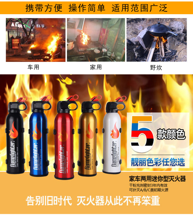 
                                        汽车灭火器 车载灭火器 家用车用干粉灭火器 汽车安全用品 大火苗-黑色单瓶520g                