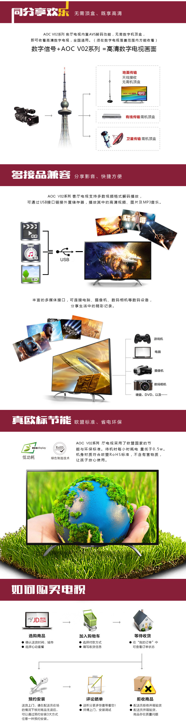 AOC LD32V02S  32英寸智能网络 LED数字电视/显示器（黑色）