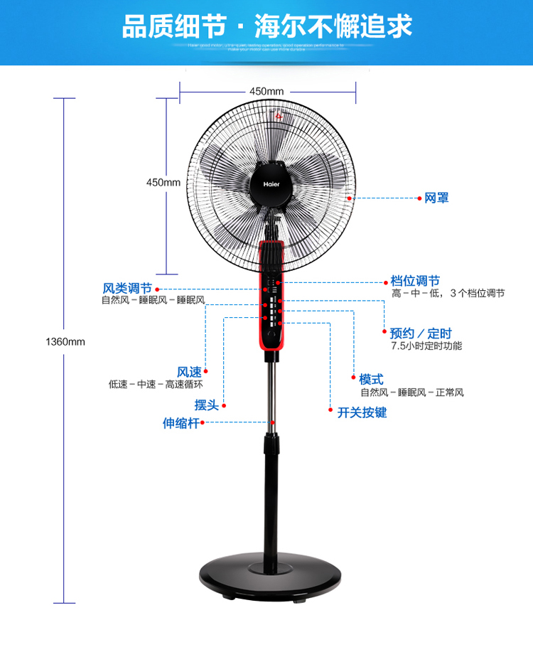海尔（Haier） FSY4027E 5叶遥控电风扇/落地扇