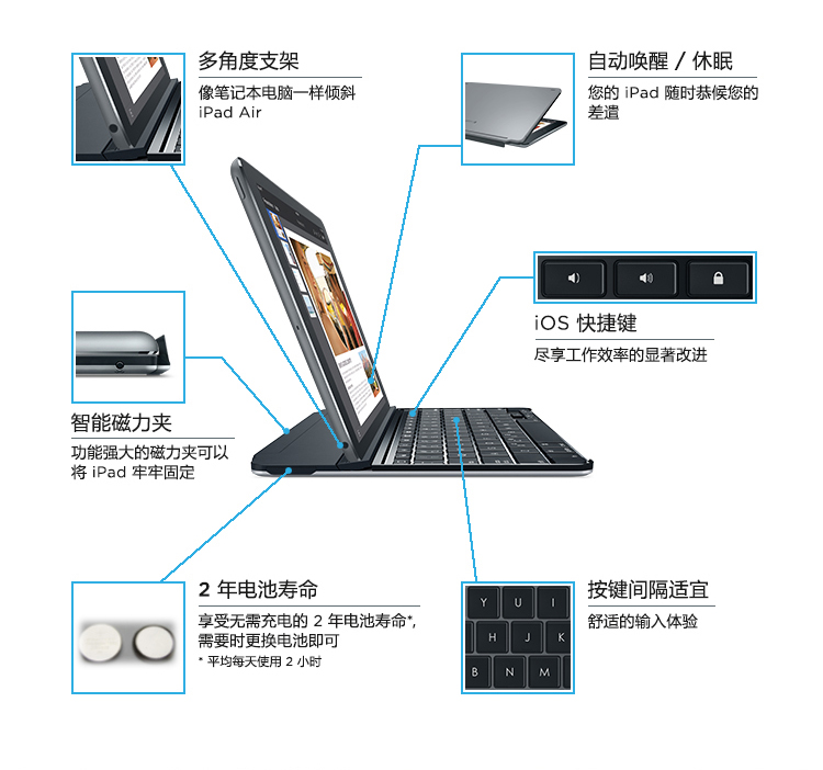 罗技（Logitech）iK1061 带磁力夹的键盘盖 银色(适用于iPad  air2)