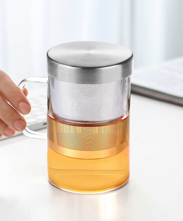 佳佰 480ml办公茶杯 纯手工吹制加厚高硼硅玻璃杯 带把带盖过滤花草水杯子