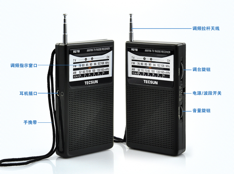
                                        德生(TECSUN)R218 老人半导体 调频 调幅 电视伴音收音机（黑色 ）                
