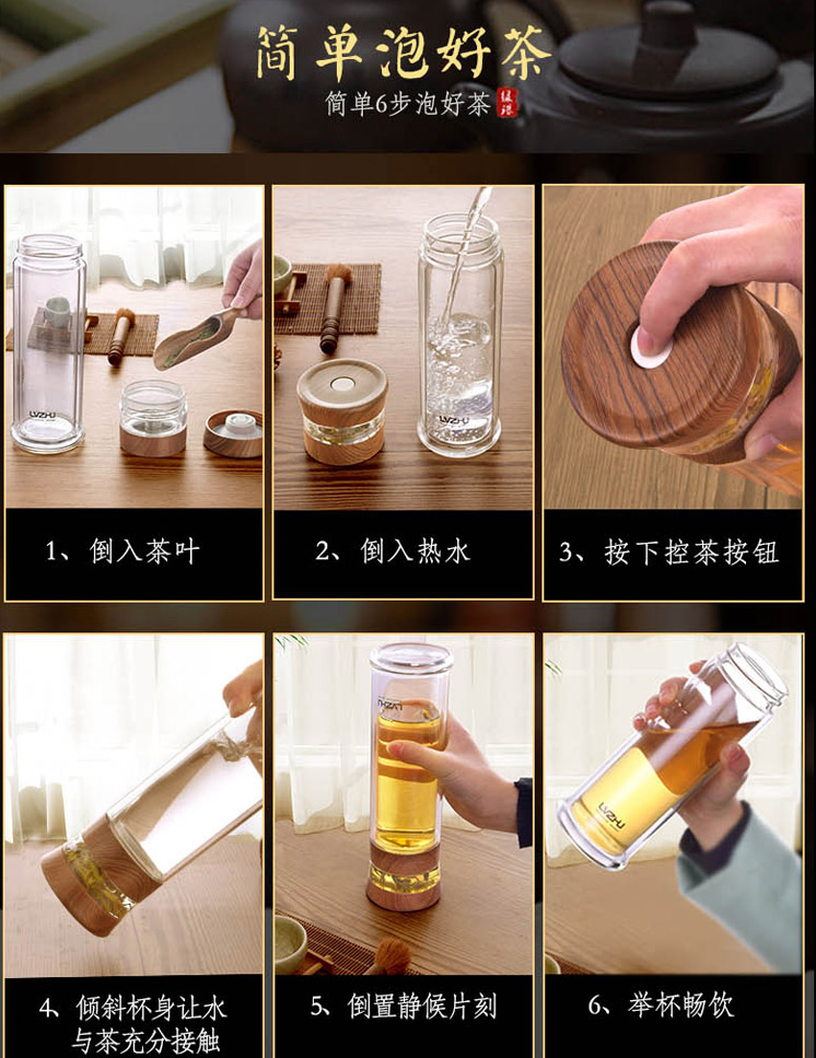 绿珠lvzhu 400ml玻璃杯双层防烫茶水分离 男女士便携办公泡茶杯B656