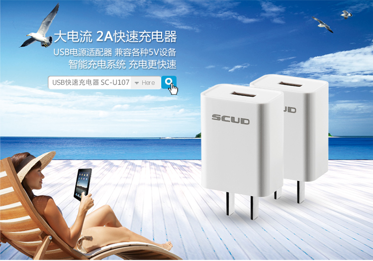 
                                        飞毛腿（SCUD） SC-U107 USB电源适配器/快速充电器/输出5V/2A 白色                