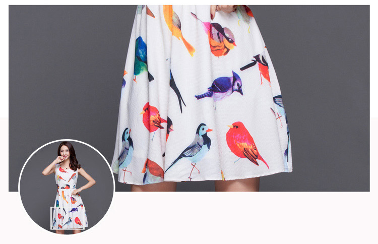 服饰运动 女装 连衣裙 olisi 米色无袖欧美时尚靓丽印花七彩鸟连衣裙