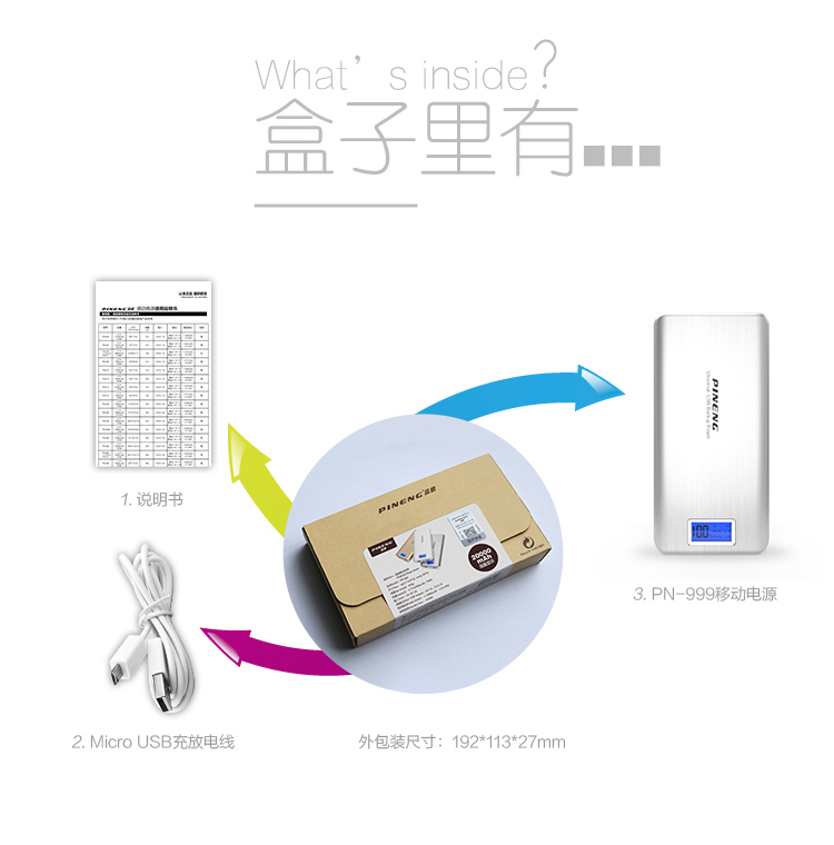 
                                        品能 20000毫安 移动电源/充电宝 双USB输出 PN-999 象牙白                