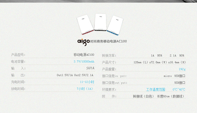 爱国者（aigo）移动电源AC100锂聚合物充电宝10000mAh白色红边