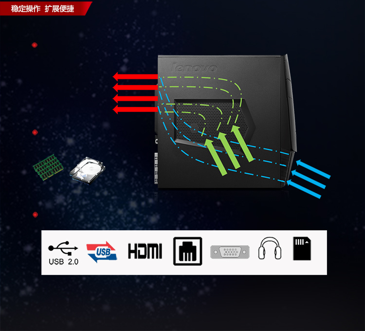 联想Erazer X3 三维立体散热 原生支持 轻松升级 扩展便捷 USB2.0 HDMI