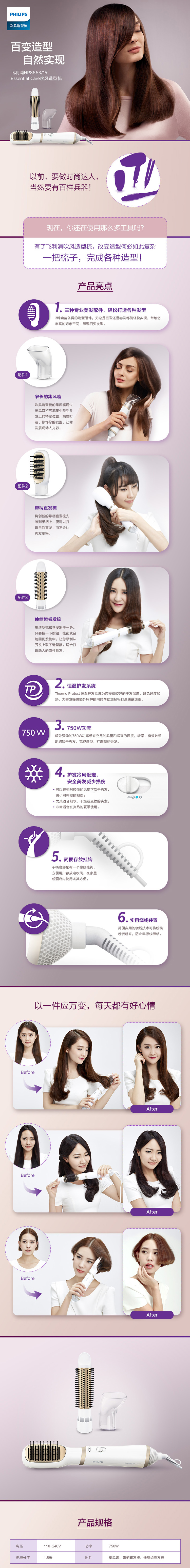 
                                        
                                                                                飞利浦（PHILIPS）电卷发棒 三合一吹风造型梳  卷直两用 多种配件HP8663                