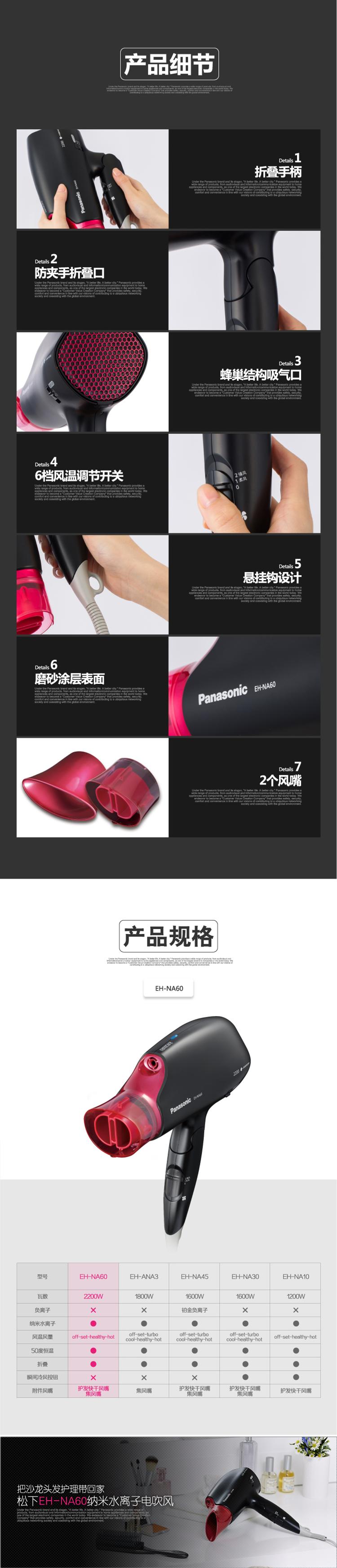 
                                        松下（Panasonic）电吹风机 家用大功率速干 纳米水离子 恒温护发 EH-NA60                