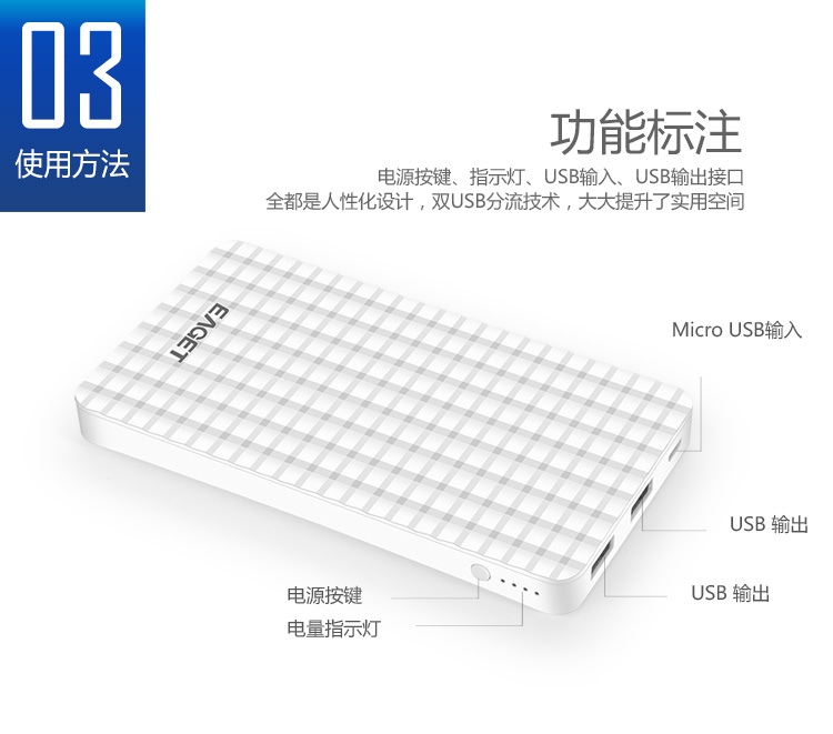 
                                         忆捷（EAGET）C6二代10000毫安超薄高容聚合物魔方格移动电源充电宝 白色                