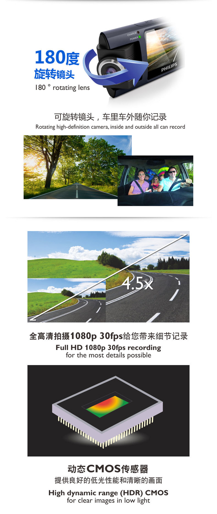 飞利浦（PHILIPS）CVR300行车记录仪 全高清1080P 180度可旋转镜头