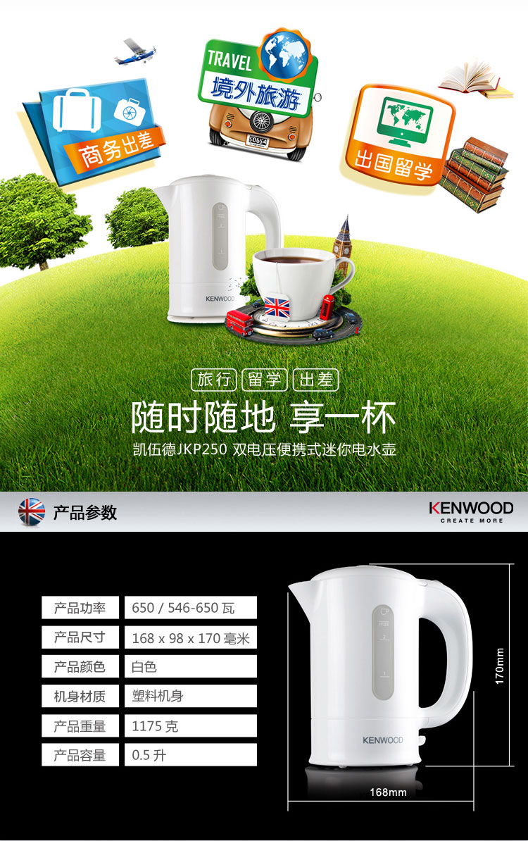 
                                        
                                                                                凯伍德（KENWOOD）电热水壶 JKP250 旅行迷你电水壶白色                