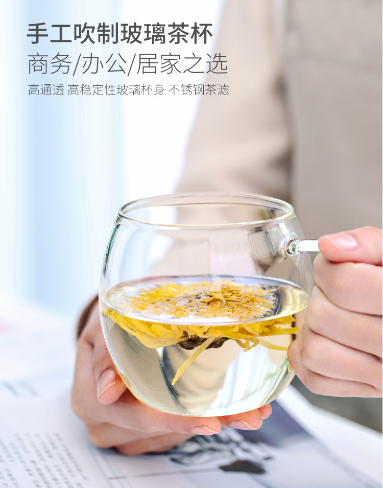 佳佰 500ml办公茶杯 纯手工吹制加厚高硼硅耐热透明玻璃杯子
