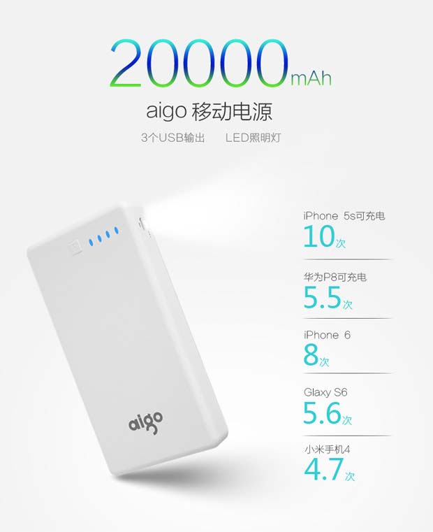 
                                        爱国者（aigo）20000毫安 FB20 三个USB输出 大容量通用 聚合物 移动电源/充电宝  白色                 
