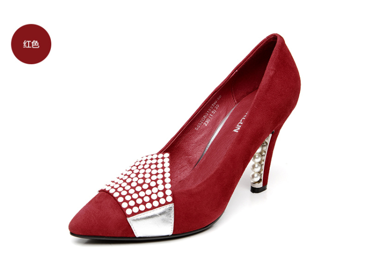 意尔康女鞋正品时尚欧美尖头拼接浅口女单鞋s552ge31533w黑色39