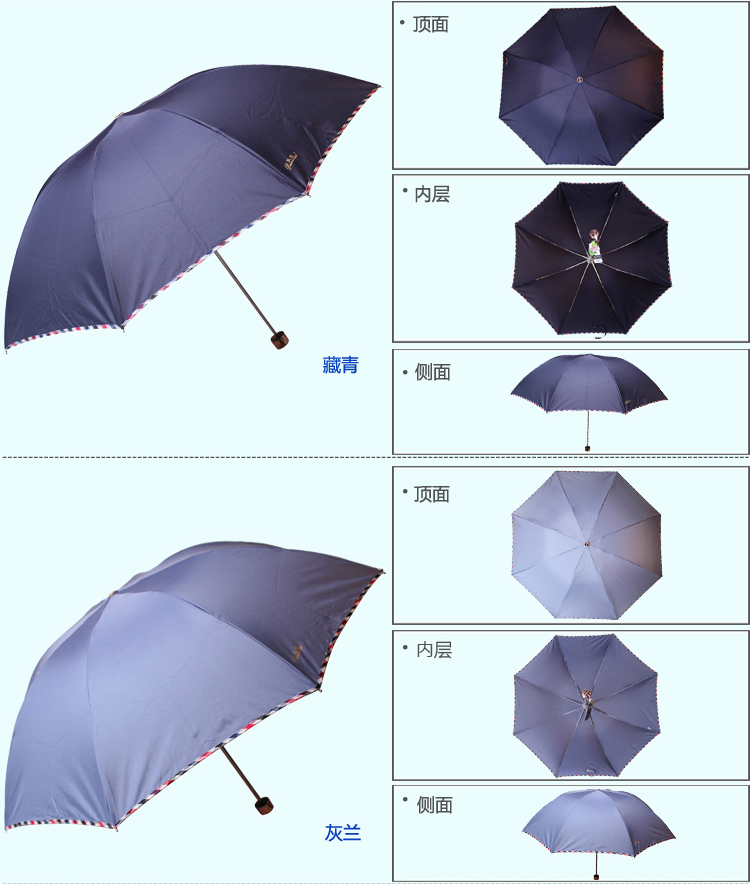 
                                        
                                                            天堂伞 三折晴雨伞碰击布拒氺男女经典商务伞57cm*8骨 307E4#包边兰灰                