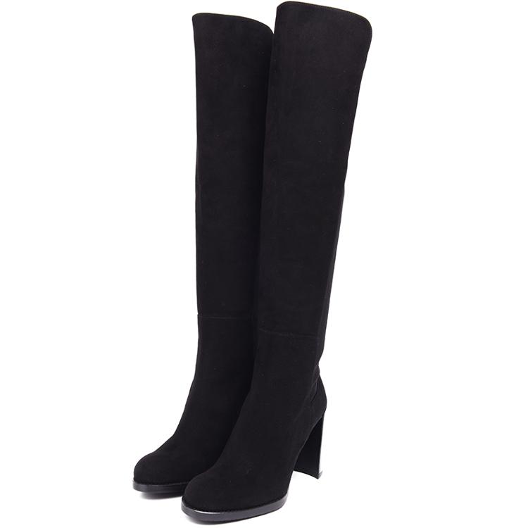 weitzman) 斯图尔特·韦茨曼女士黑色织物配皮长筒高跟靴 品牌:stuart