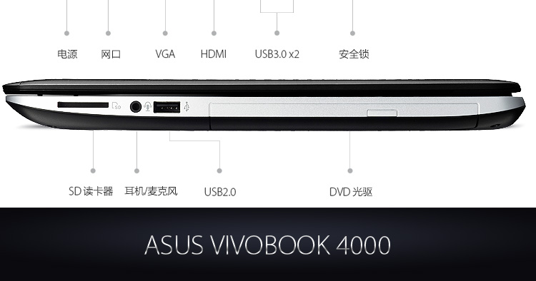 华硕(ASUS) Vivobook 4000 15.6英寸笔记本电脑(i7-5500U 8G 1TB 2G独显 蓝牙 Win10黑 UHD IPS 4K屏)