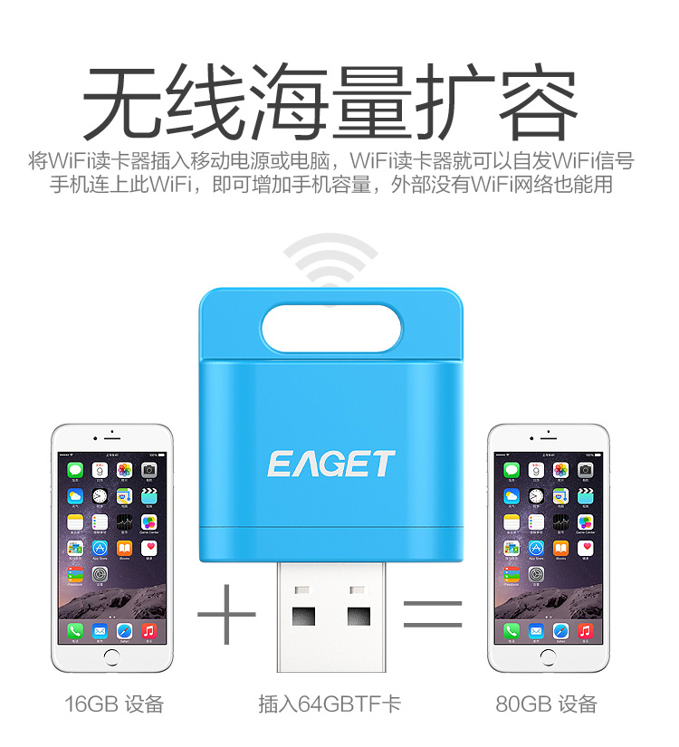 忆捷（EAGET）A50 wifi读卡器 安卓 苹果手机 平板无线扩容盘时尚蓝色