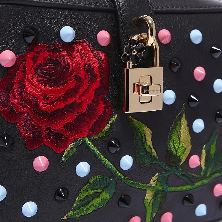 dolce&gabbana 杜嘉班纳 女士黑色牛皮彩色铆钉玫瑰花图案锁扣手拎包