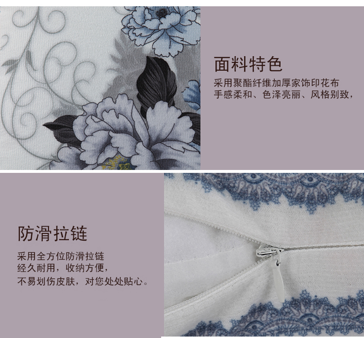 艾薇（AVIVI）绒布靠枕背垫办公汽车午睡旅行护腰颈抱枕套含枕芯 国画牡丹蓝 43*43CM