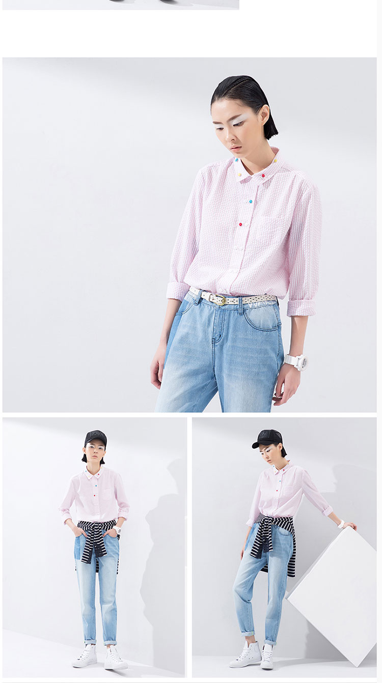 【初语衬衫】初语 春季彩色纽扣泡泡布长袖衬衣女 8610212001 蓝白条m