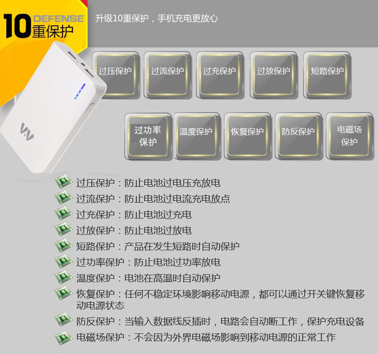 V+V（为家）炫彩V86  移动电源 智能MCU芯片 10400毫安 白色