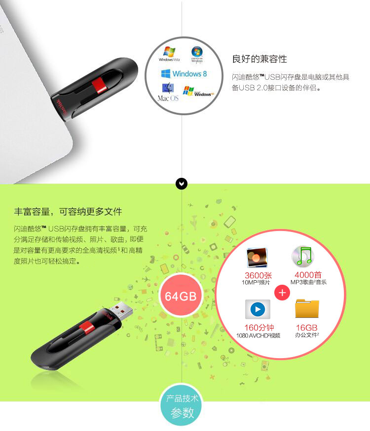 闪迪（SanDisk）酷悠（CZ60）64GB U盘 黑红