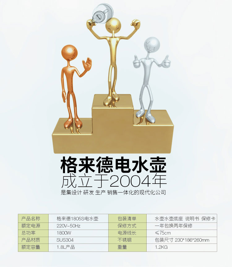 
                                        
                                                            格来德（Grelide）电热水壶 304不锈钢烧水壶 快速沸腾无异味 1.8L大容量电水壶开水壶暖水壶WWK-1805S                