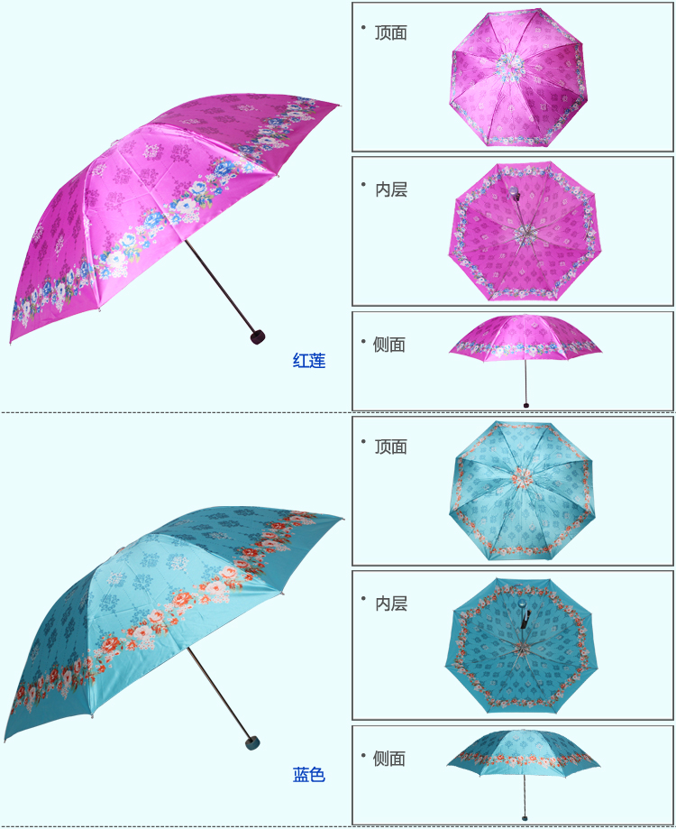 天堂伞 花色丁高密聚酯防紫外线三折钢伞晴雨伞 淡湖兰 308T