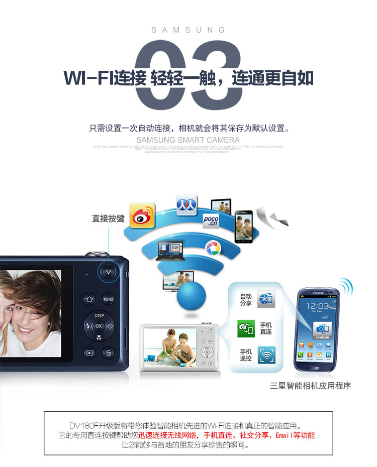 三星 SAMSUNG  智能WIFI双屏数码相机 DV180F（白色）