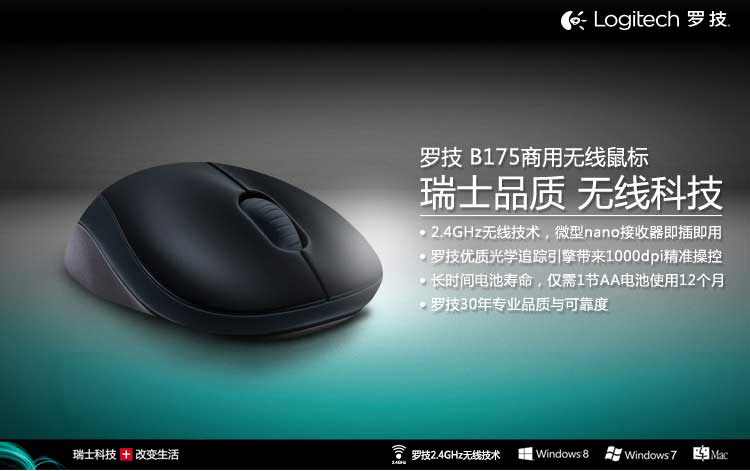 
                                        
                                                            罗技（Logitech）B175企业版 鼠标 无线鼠标 办公鼠标 对称鼠标 黑色 自营 带无线2.4G接收器                
