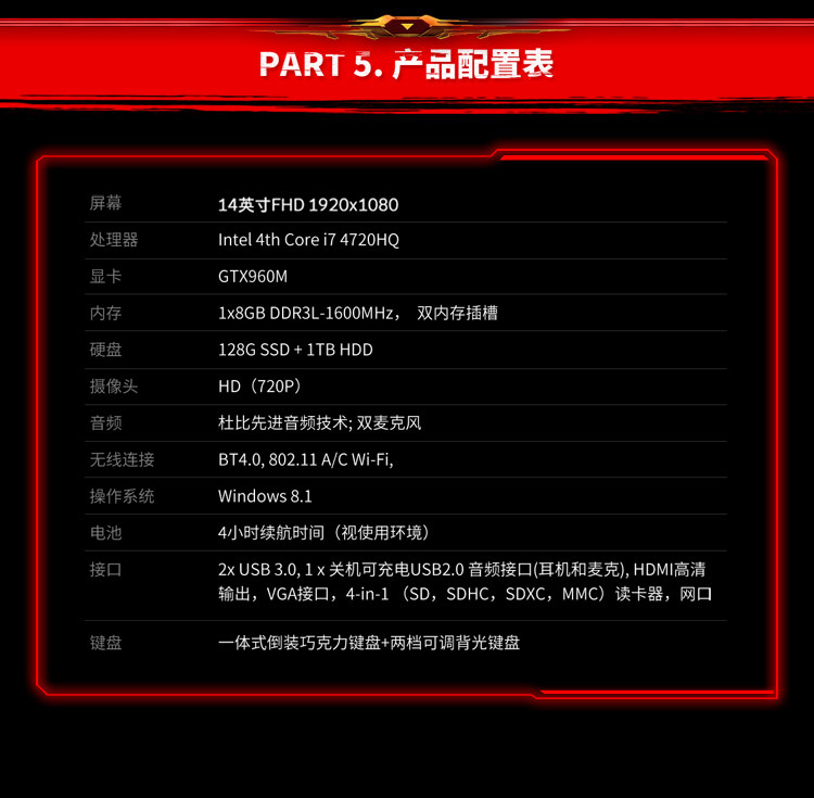 联想（Lenovo）拯救者 14.0英寸游戏本（i7-4720HQ 8G 128G SSD+1T GTX960M 2G独显 FHD IPS屏 背光键盘）黑