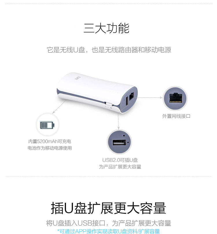 DM WFD017 64G 多功能无线苹果安卓手机U盘 5200mAh移动电源 /3G网卡路由器（白色）
