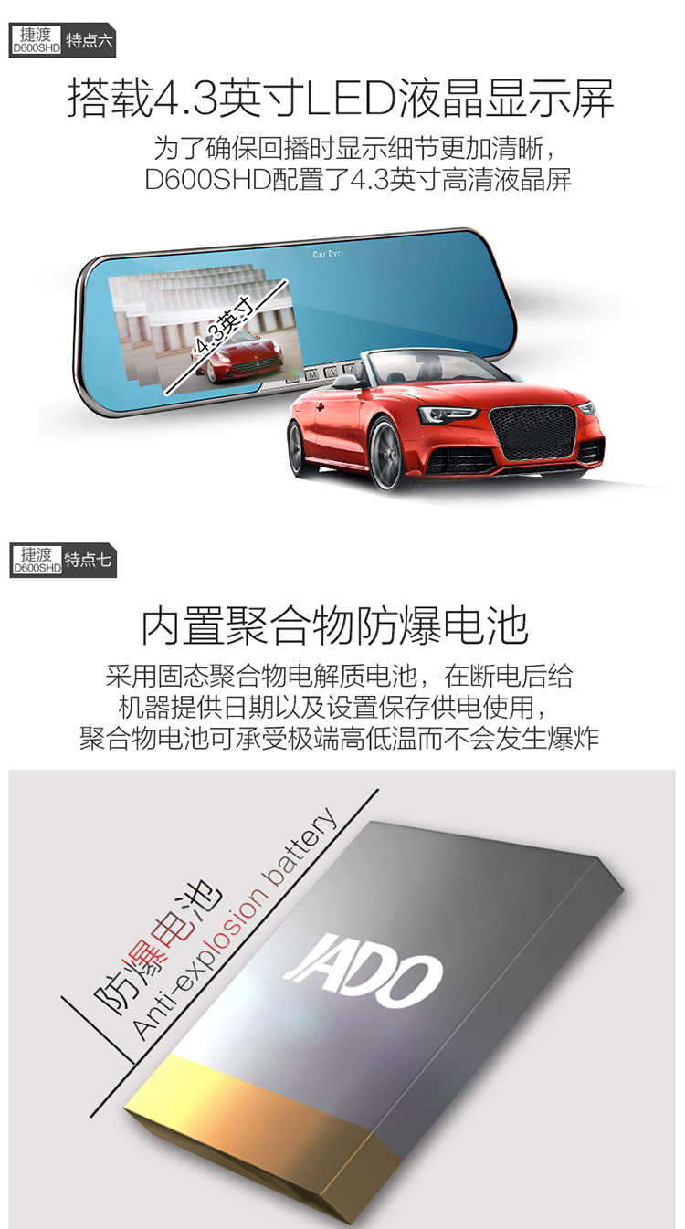 捷渡（JADO）D600S HD 行车记录仪4.3英寸1080P全高清 轨道偏离预警（银色）