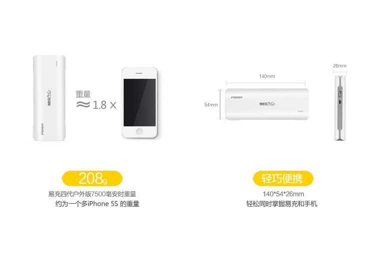 
                                        品胜 易充四代户外版 移动电源/充电宝 7500毫安 白色 LED手电照明 适用于苹果/三星/华为/小米手机/平板等                