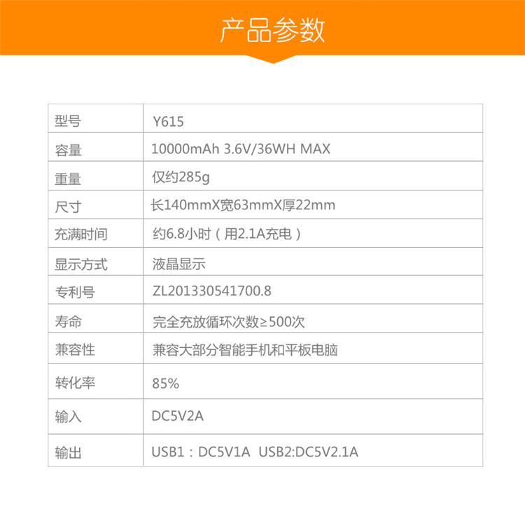 
                                        海陆通（ARUN） Y615 李晨代言 LCD液晶屏 移动电源/充电宝 10000毫安 经典白 2A充放双USB 适用于苹果/安卓                