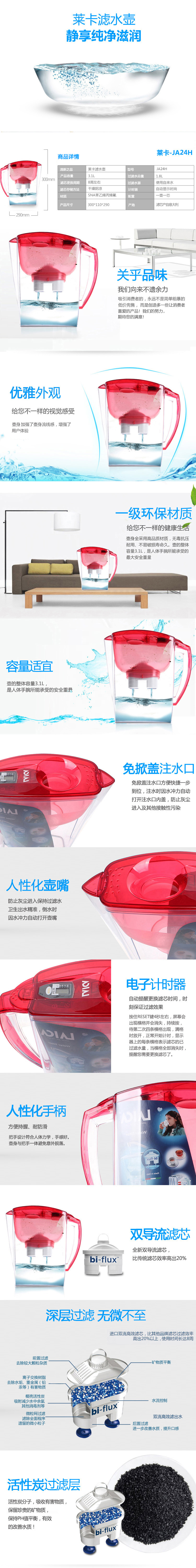 
                                        莱卡（LAICA） JA24H 免掀盖 双导流 滤水壶 3.1L (红色)                