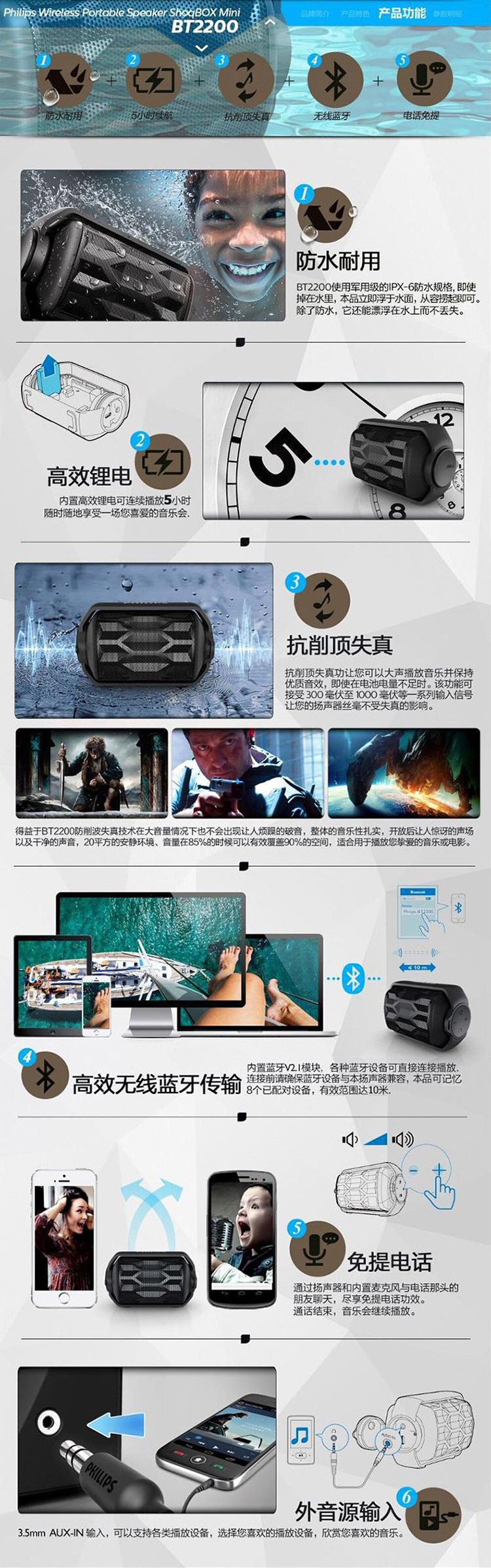 
                                        飞利浦(PHILIPS)BT2200B Shoqbox MINI便携式无线蓝牙音箱 运动户外防水音响 免提通话 小金刚低音炮                