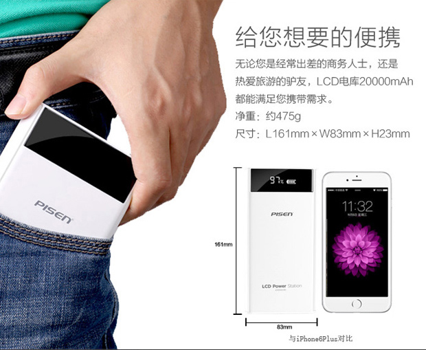 
                                                                                品胜20000毫安时充电宝大容量移动电源 双输入液晶数显 适用iPhone12/13PRO/OPPO华为P40VIVO小米安卓通用 白                
