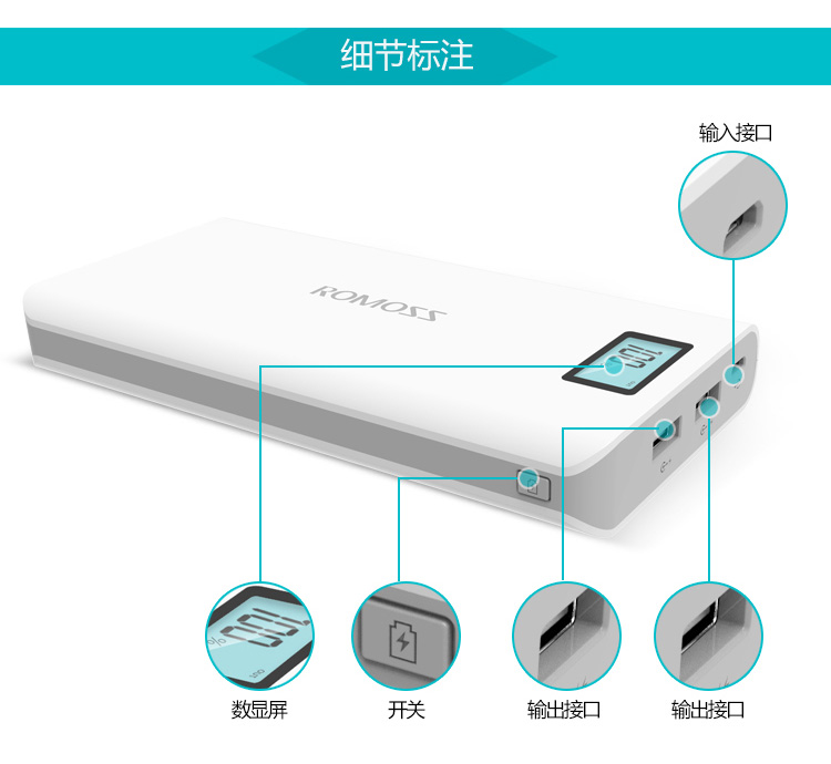 
                                        罗马仕（ROMOSS）sense6Plus 移动电源/充电宝20000毫安 苹果/安卓手机/平板通用 数显屏 聚合物电芯 白色                