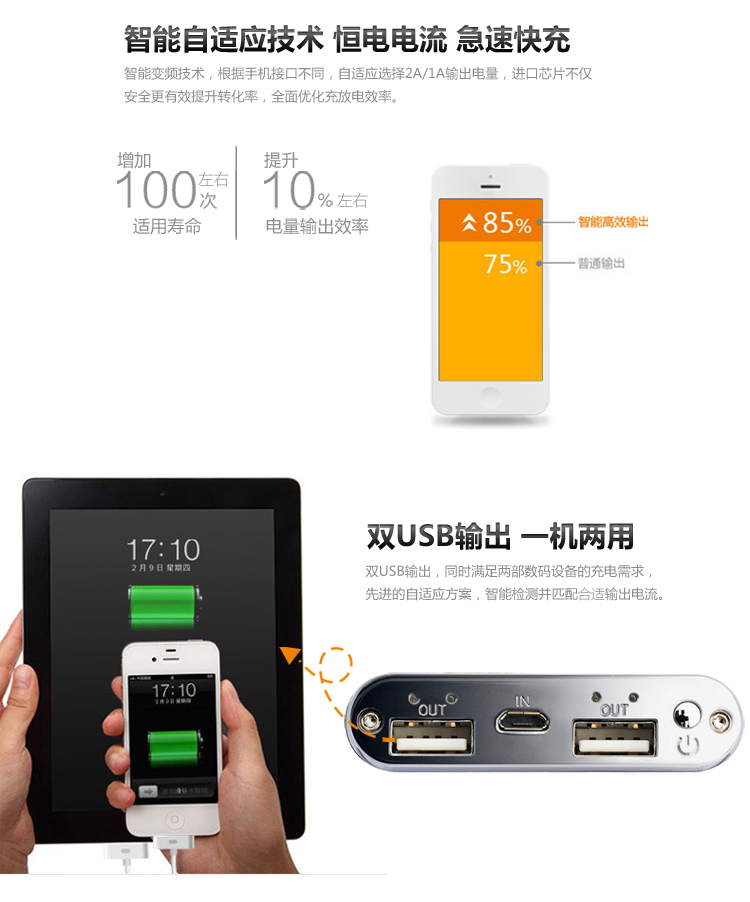 飞毛腿 10000毫安 移动电源/充电宝 聚合物 双USB输出 M100 酒红色