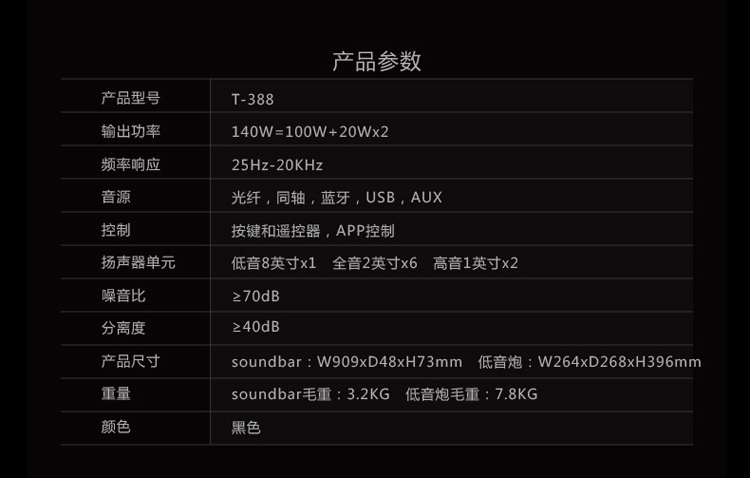 
                                        奋达（F&D）巨峰T-388 Soundbar 高品质电视音响 家庭影院 回音壁 蓝牙 光纤 配8英寸无线低音炮                
