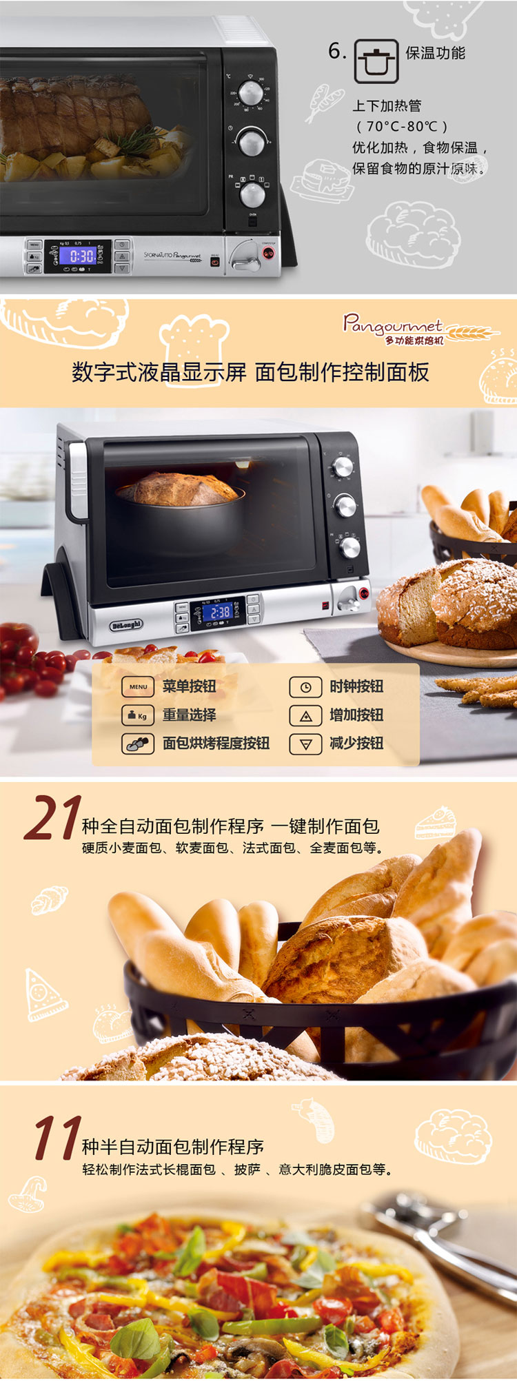 
                                        
                                                                                德龙（Delonghi）电烤箱 家用多功能烤箱（20L）双层玻璃门 烤箱面包机二合一 EOB20712                