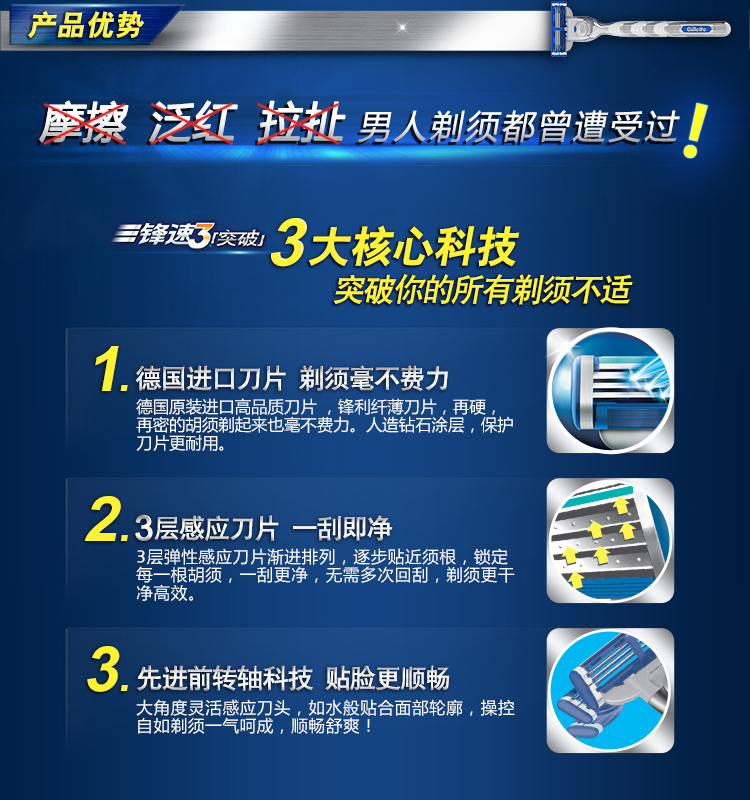
                                        
                                        吉列手动剃须刀刮胡刀刀片锋速3经典（8刀头）（新老包装随机发货）                