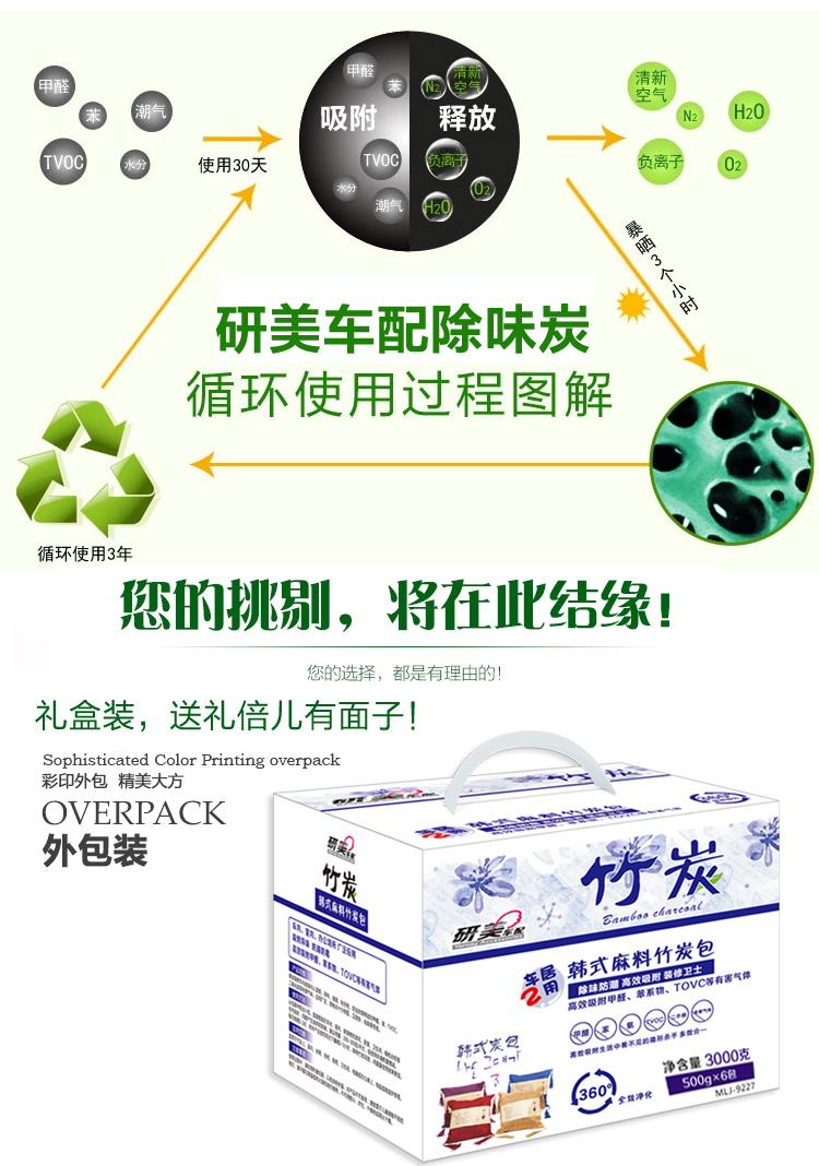 研美车配 车家两用除味除甲醛韩式麻料竹炭包 新车新房净味碳包3000克（500g*6包）